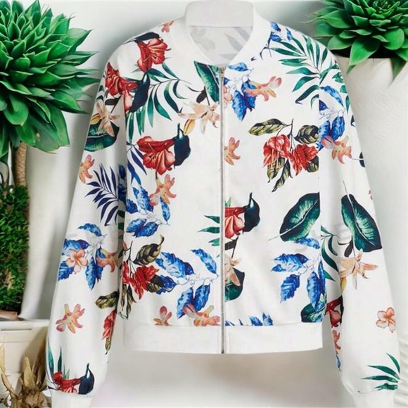 New Women's Tropical Plant Print Baseball Collar Jacket - Picture 13 of 16